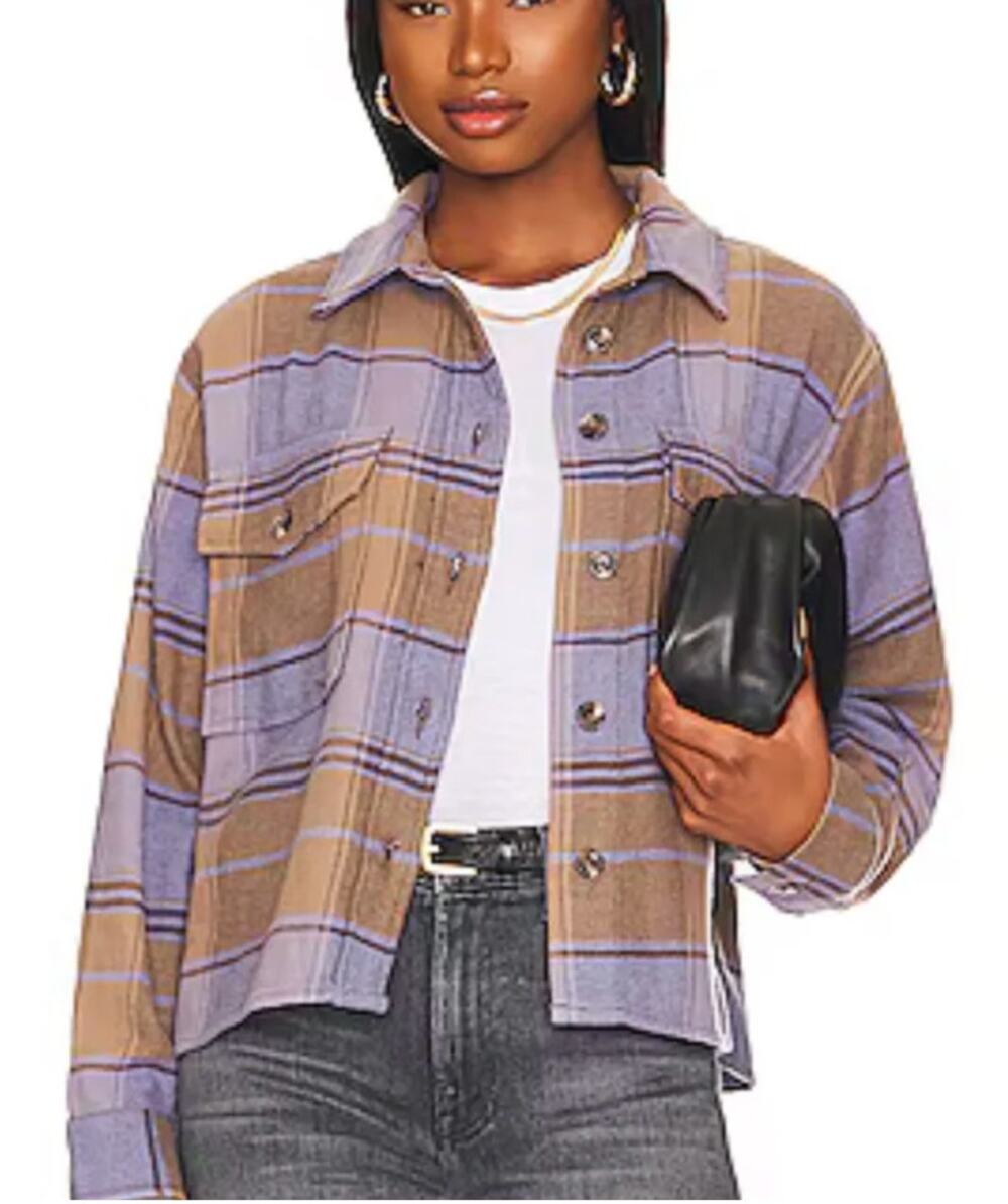 Sanctuary Starstruck Cropped Plaid Shacket Jacket Purple Brown Cotton Fall Sz S